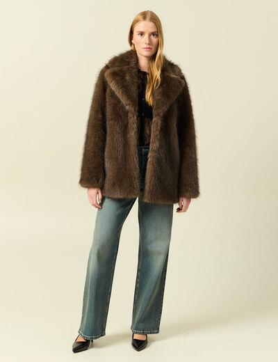 Manteau manches longues doubl&eacute; marron femme
