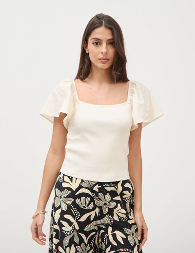 T-shirt bi-mati&egrave;re ajust&eacute; d&eacute;collet&eacute; ecru femme