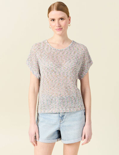 Pull crochet manches courtes vert kaki femme