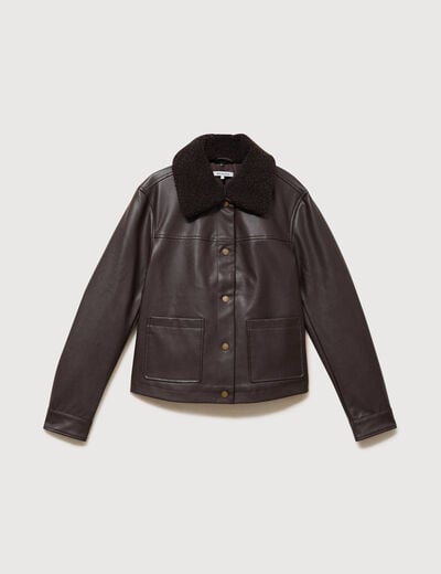 Blouson col sherpa manches longues marron fonc&eacute; femme