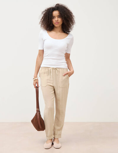 Pantalon taille standard bas resserr&eacute; beige femme
