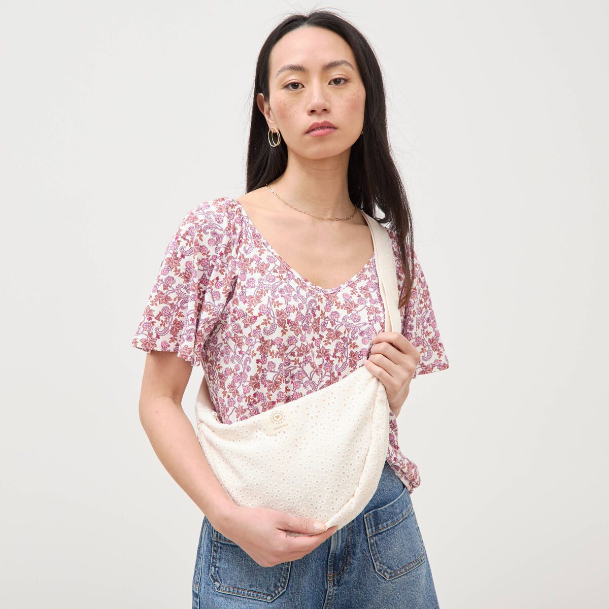 Sac bandouli&egrave;re en coton doubl&eacute; creme femme