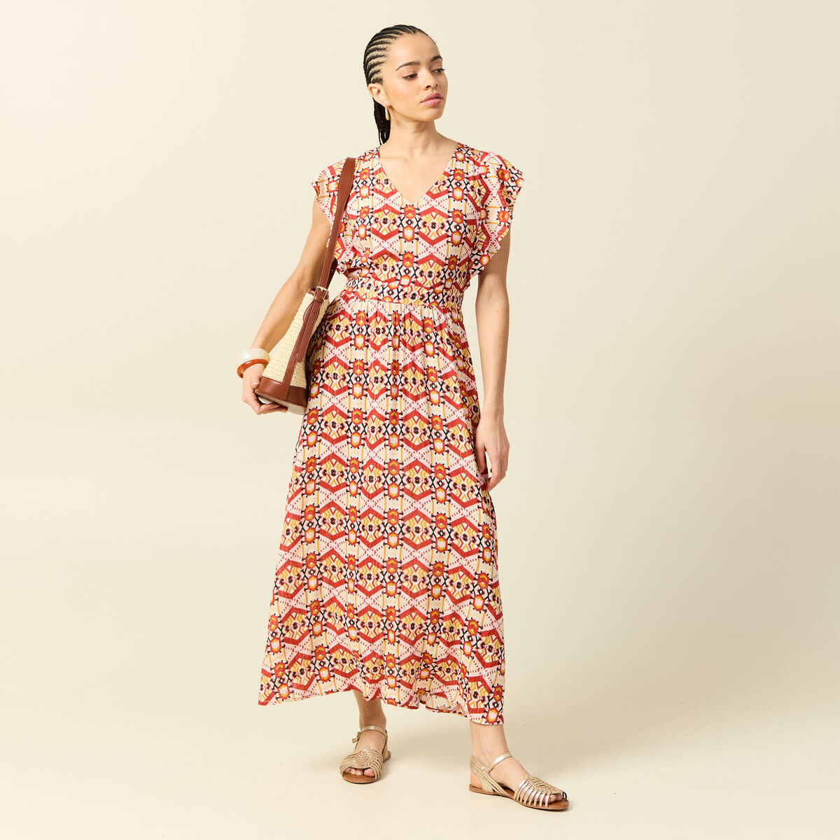 Robe longue &eacute;vas&eacute;e col v manches courtes bordeaux femme