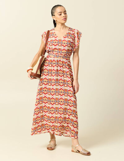 Robe longue &eacute;vas&eacute;e col v manches courtes bordeaux femme