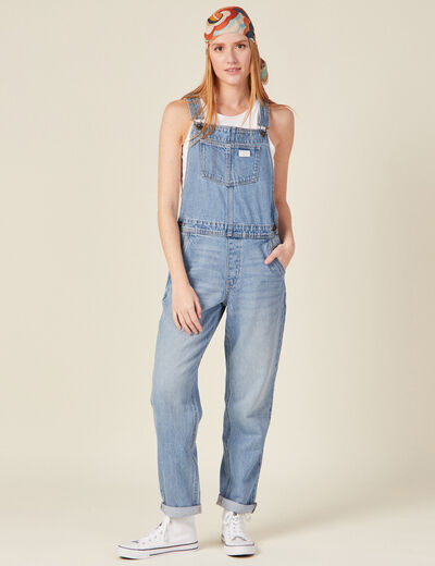 Salopette droite en jean denim used femme