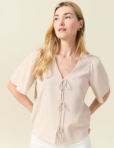 Blouse manches courtes nouée marron clair femme