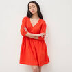 Robe droite courte col v manches 3/4 orange fonc&eacute; femme