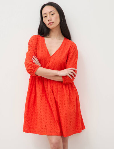 Robe droite courte col v manches 3/4 orange fonc&eacute; femme