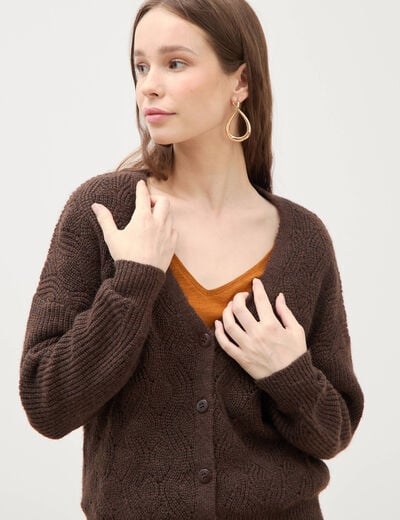 Gilet manches longues col v marron femme