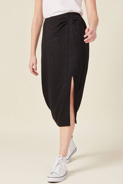 Jupe midi droite fendue satin noir femme