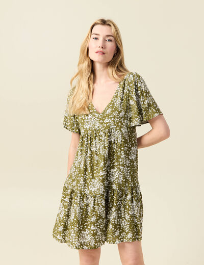 Robe évasée manches courtes vert olive femme