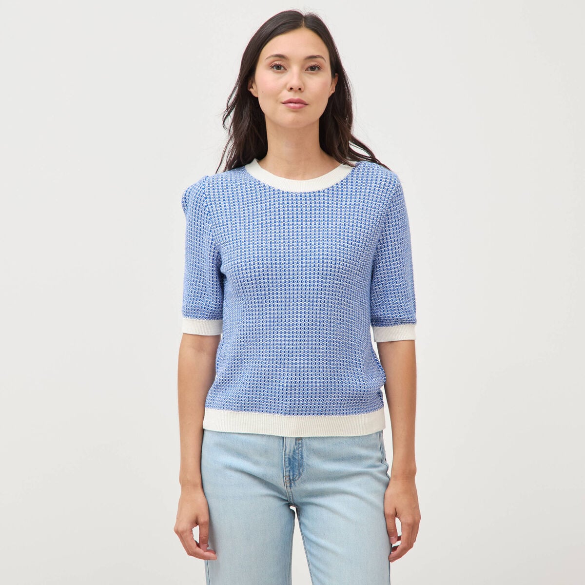 Pull droit court manches courtes bleu electrique femme