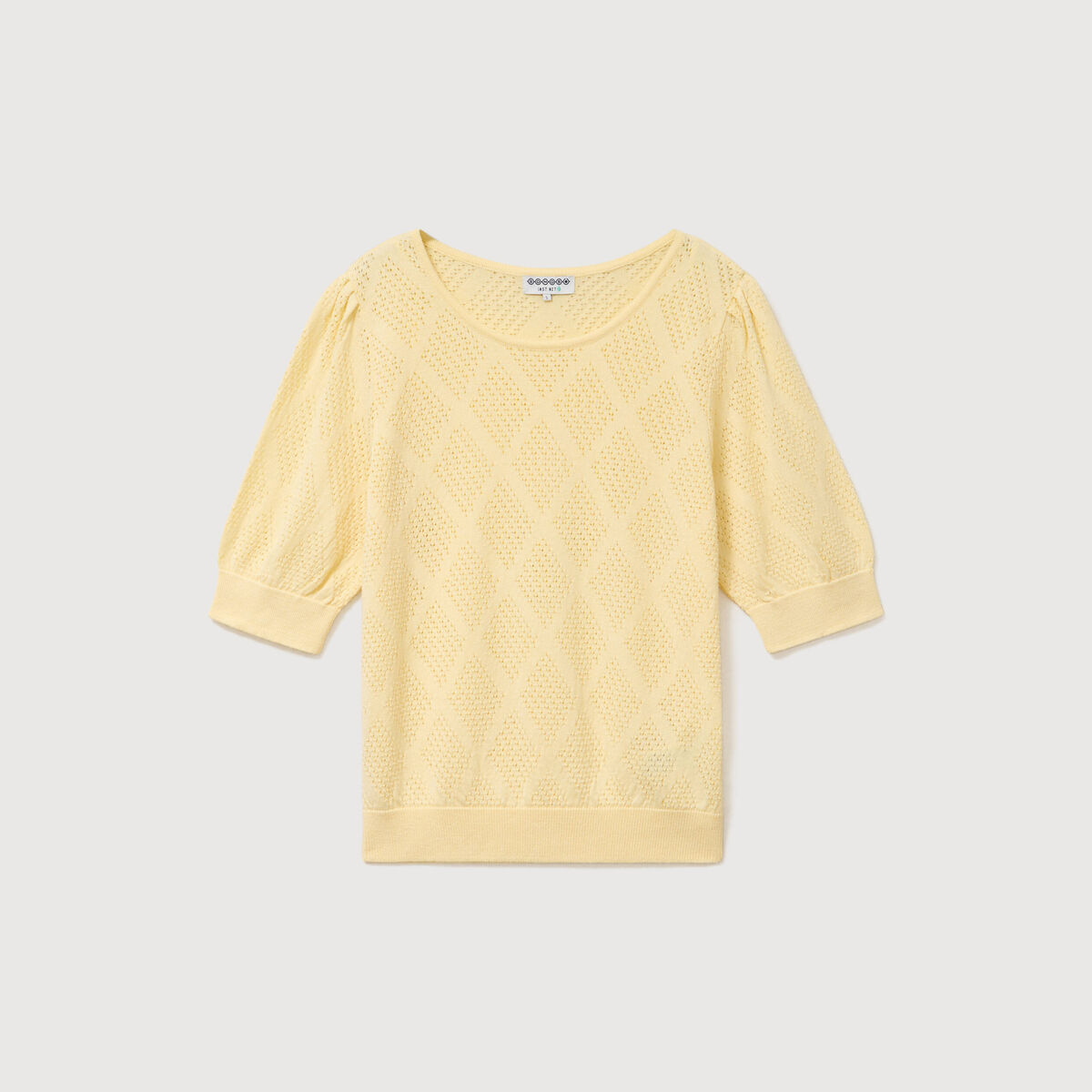 Pull ajour&eacute; droit court manches courtes jaune clair femme