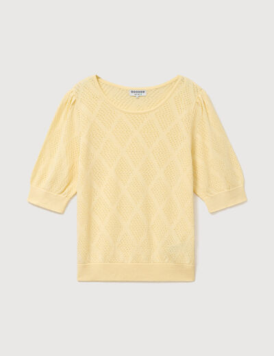 Pull ajour&eacute; droit court manches courtes jaune clair femme