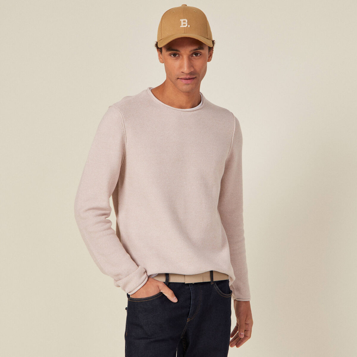 Pull manches longues beige homme