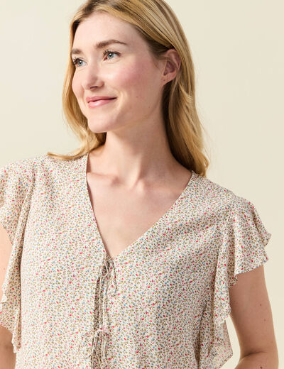 Blouse manches courtes nouée blanc femme