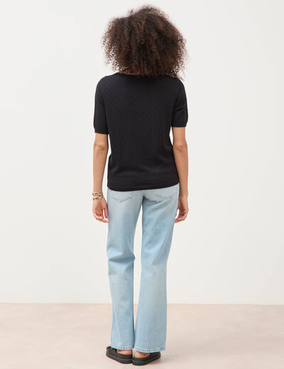 Pull col rond manches courtes noir femme