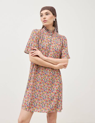 Robe manches courtes col montant multicolore femme