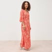 Robe col v manches longues rouge corail femme