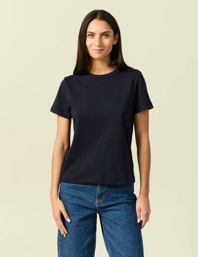 T-shirt cintr&eacute; col rond manches courtes bleu marine femme