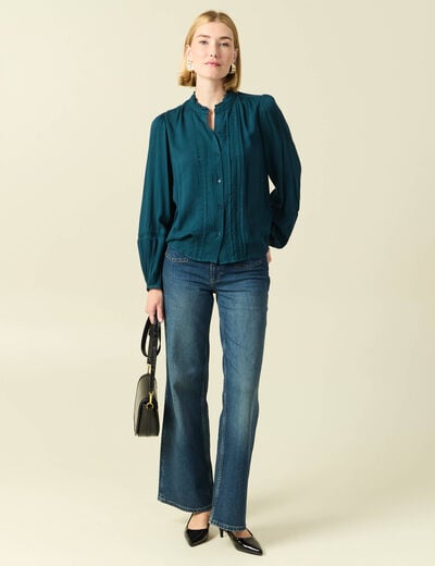 Blouse droite courte d&eacute;tail dentelle bleu canard femme