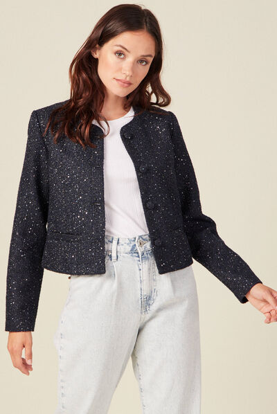 Veste droite à sequins bleu marine femme