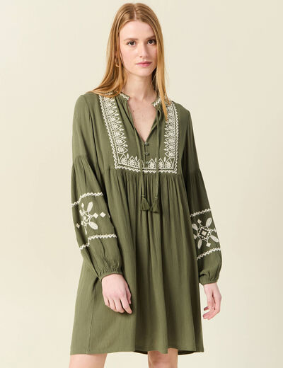 Robe brodée éco-responsable vert kaki femme