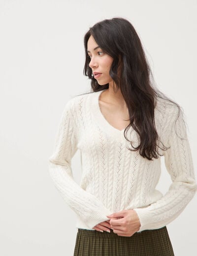 Pull droit col v manches longues ecru femme