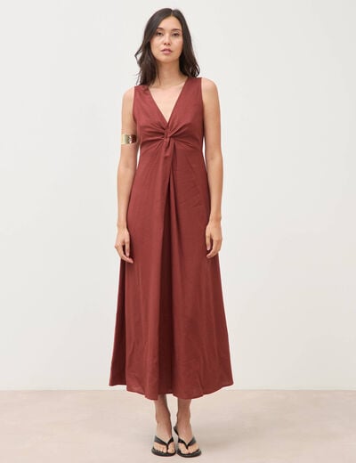 Robe sans manches col v marron cognac femme