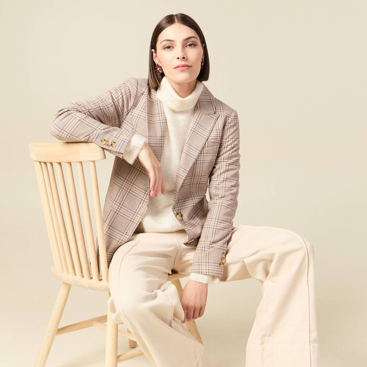 Blazer ajust&eacute; manches longues doubl&eacute; beige femme