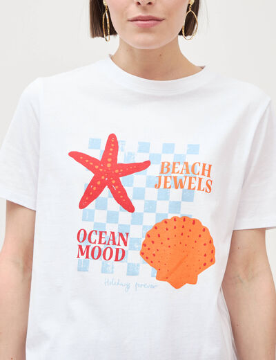 T-shirt droit col rond manches courtes blanc femme