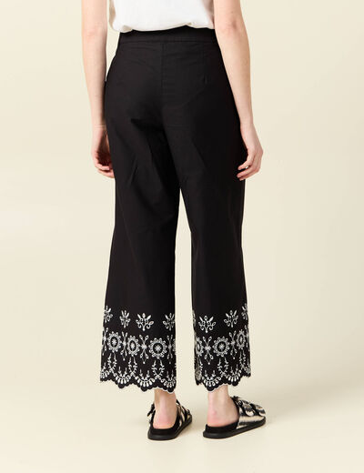 Pantalon large brodé 7/8ème noir femme