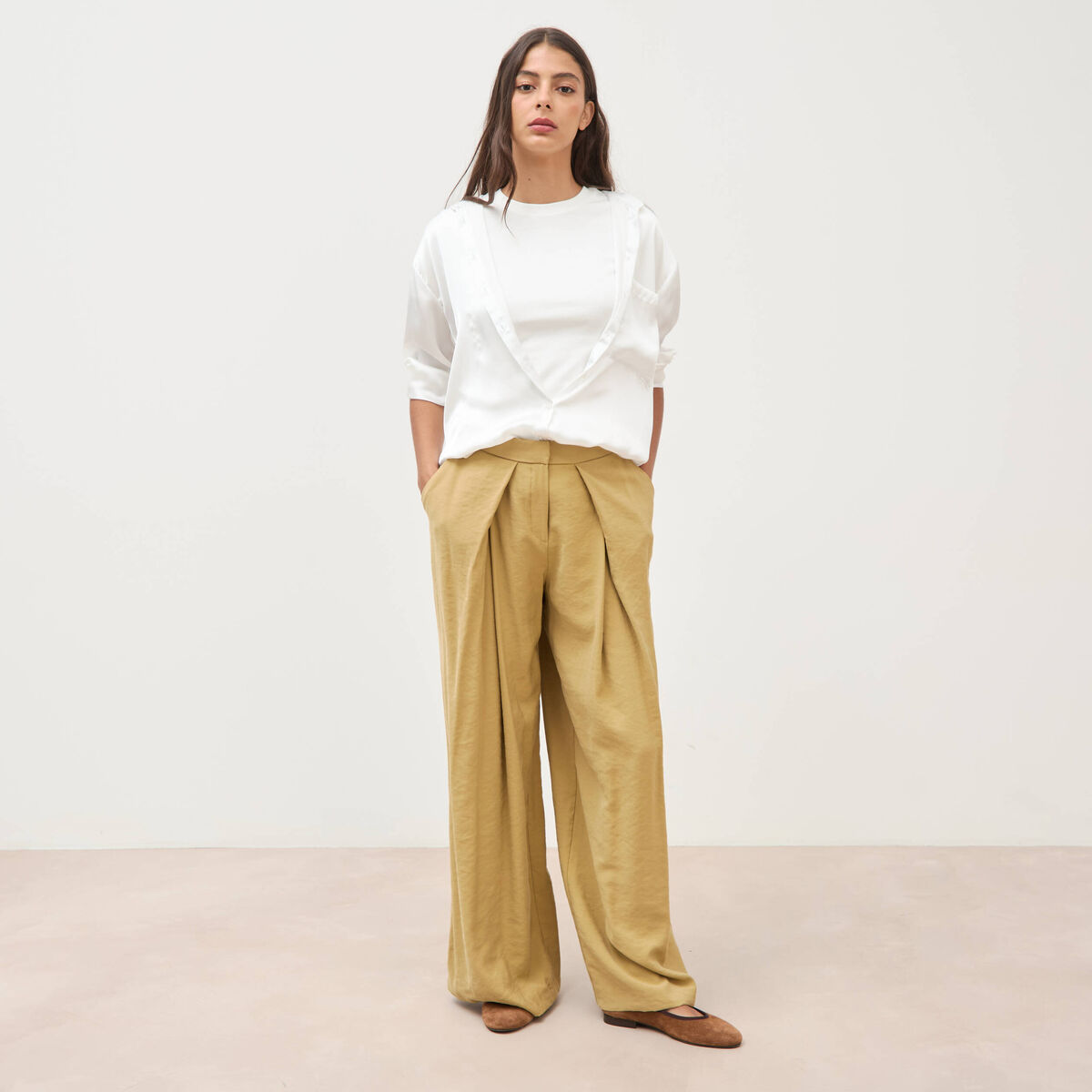 Pantalon loose taille standard camel femme
