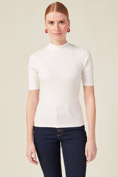 T-shirt manches courtes côtelé ecru femme
