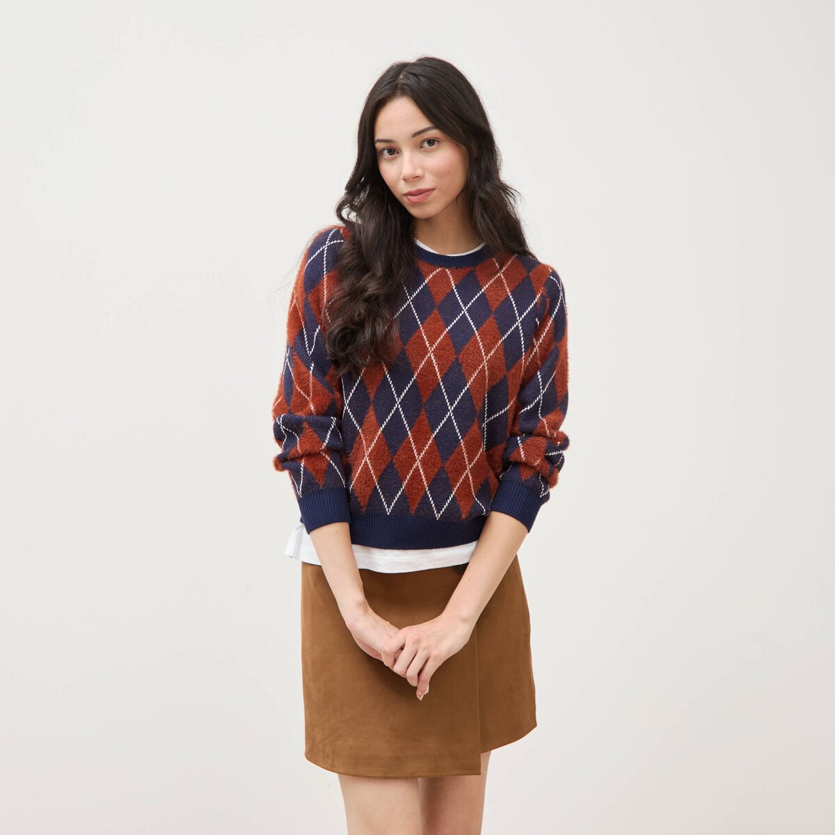 Pull droit manches longues col rond orange citrouille femme