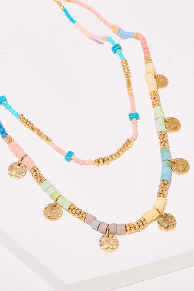Collier 2 rangs avec perles vert pastel femme