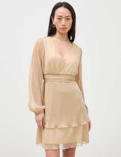 Robe manches longues doubl&eacute;e beige femme
