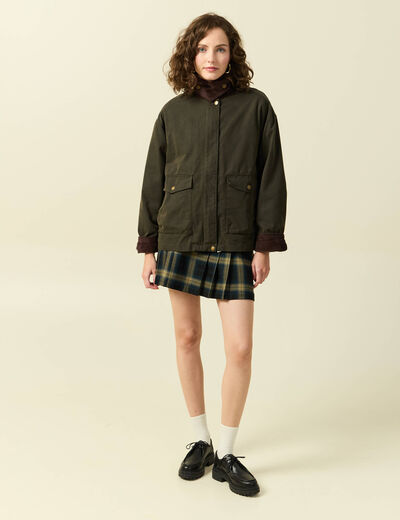 Parka oversize courte col classique vert kaki femme