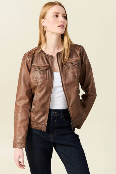 Veste cintrée zippée col rond marron femme