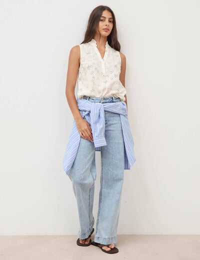Chemise droite sans manches col montant bleu femme