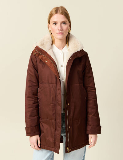 Parka droite &agrave; capuche marron fonc&eacute; femme