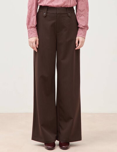 Pantalon large taille haute fluide marron fonc&eacute; femme