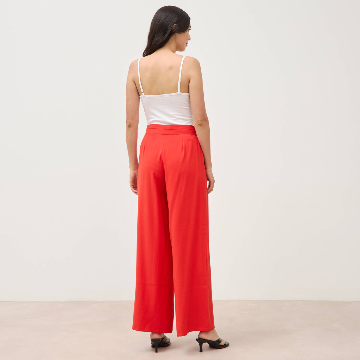 Pantalon large taille haute ceinture rouge femme