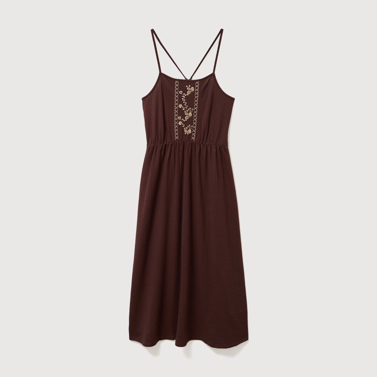 Robe bretelle col carr&eacute; en coton marron fonc&eacute; femme