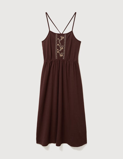 Robe bretelle col carr&eacute; en coton marron fonc&eacute; femme
