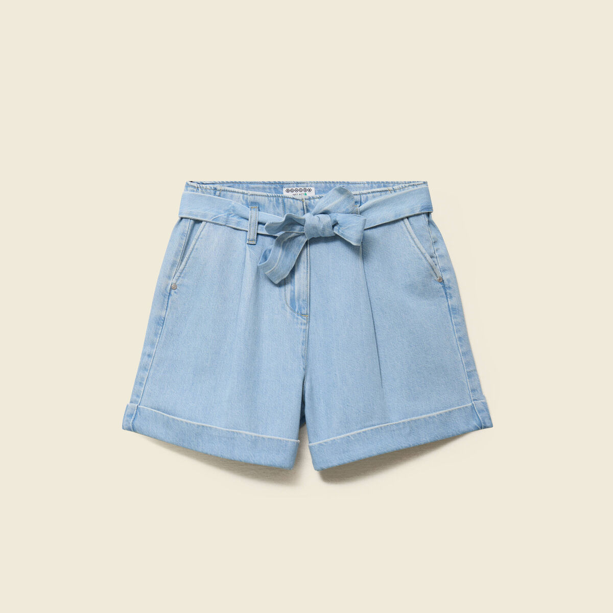 Short taille haute en jeans denim bleach femme