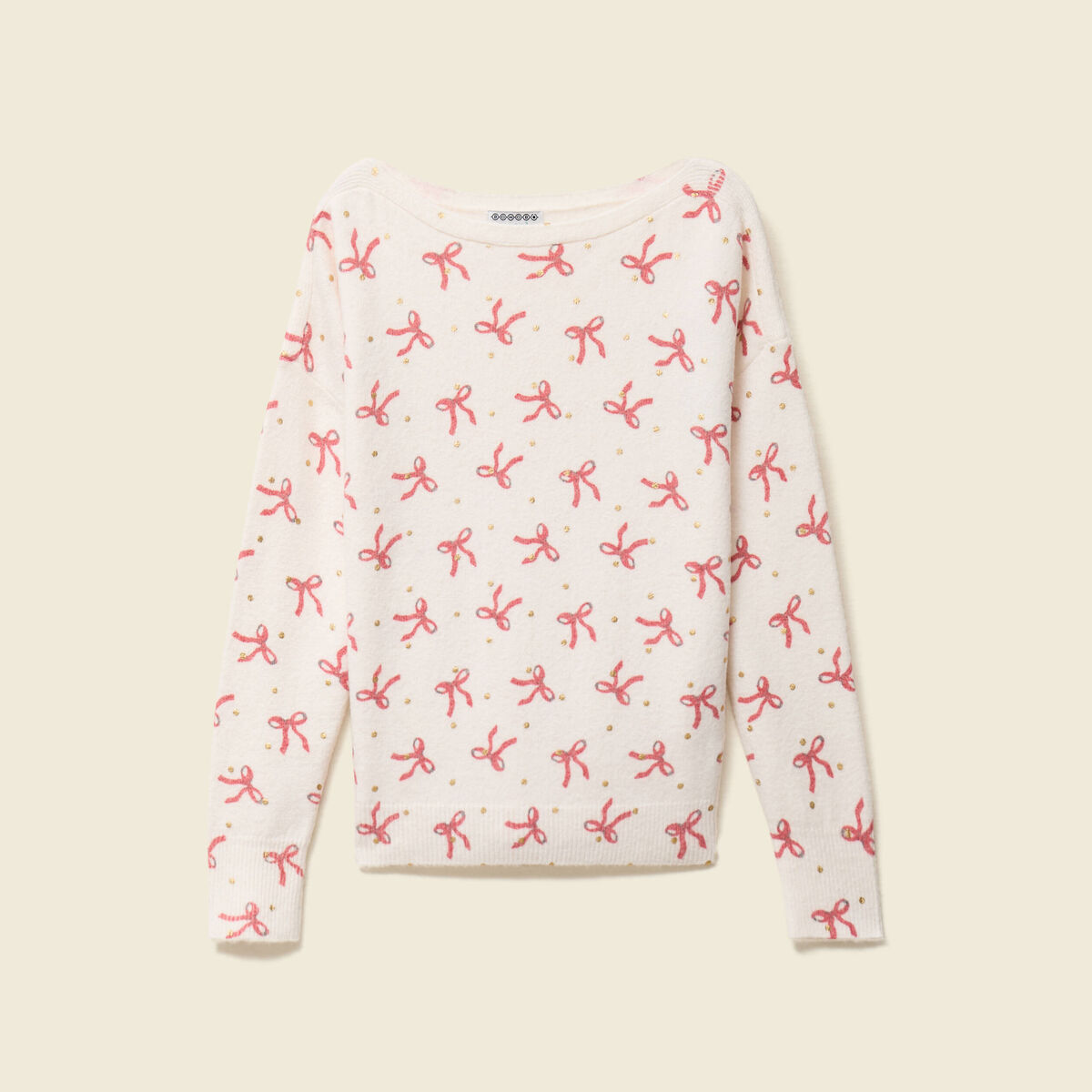 Pull de no&euml;l col bateau manches longues creme femme