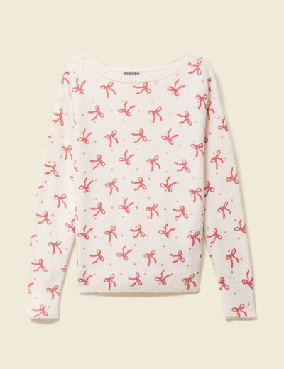 Pull de no&euml;l col bateau manches longues creme femme