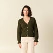 Gilet ajour&eacute; droit court col v vert kaki femme