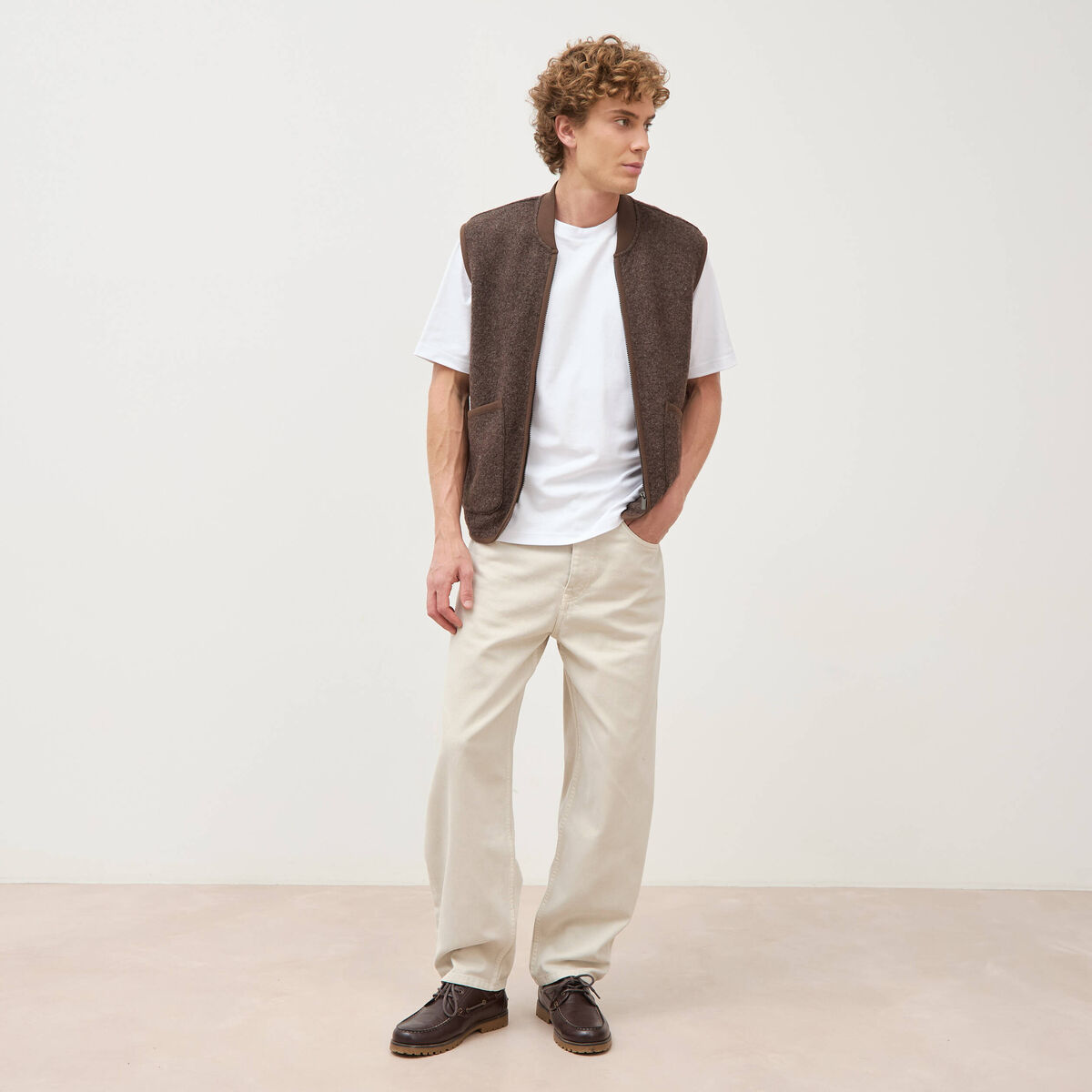 Jeans large longueur 32 en coton denim beige homme
